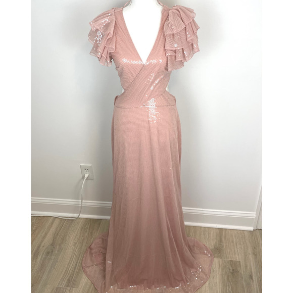 Mac Duggal Sequined Ruffled Cut Out Lace Up Gown In Rose Pink 10829 Size 8 New - Picture 2 of 16